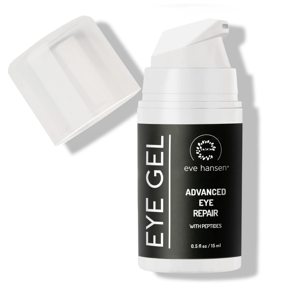 Eve Hansen anti-aging eye gel tube close-up for smoother under-eye skin.