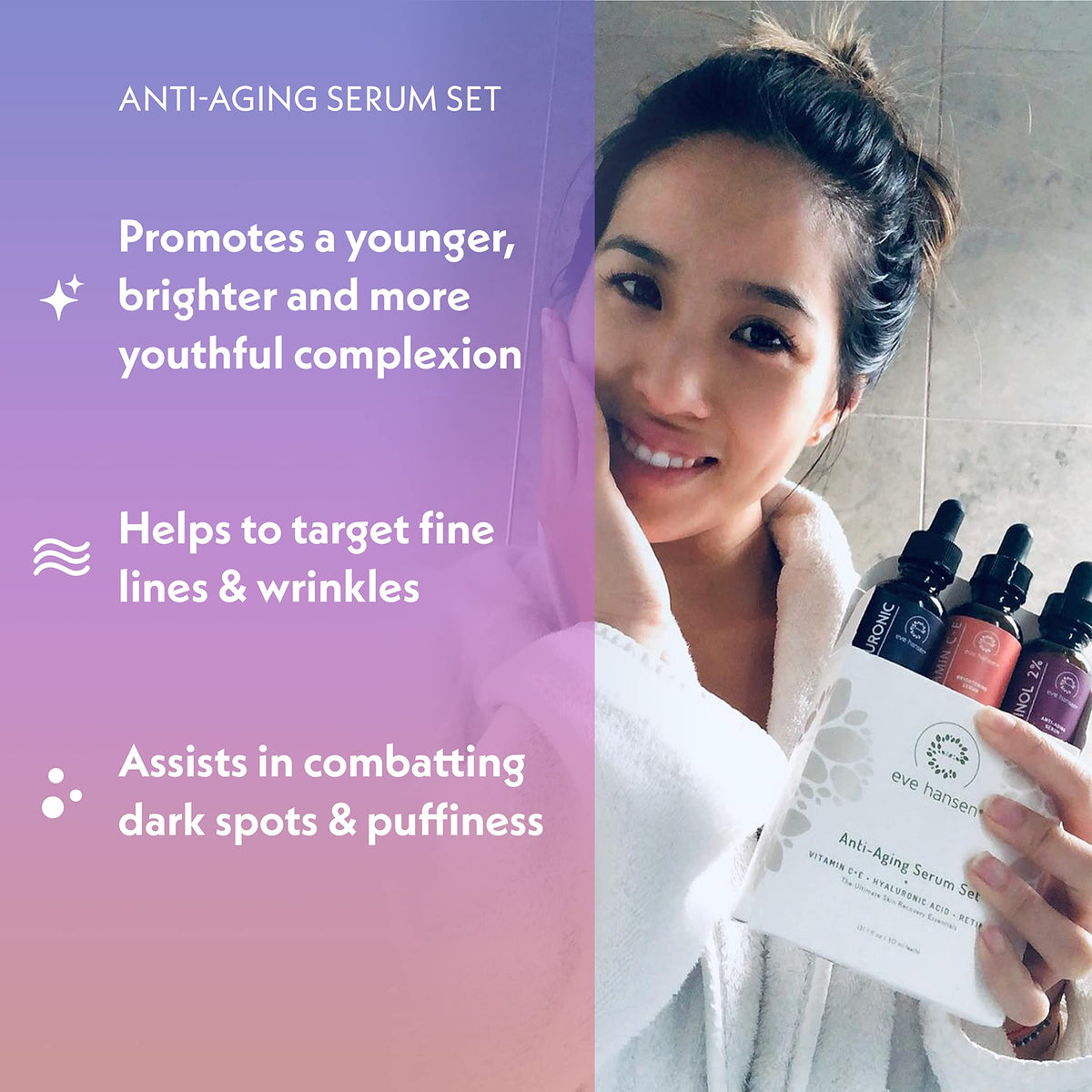 Eve Hansen Hyaluronic Acid Serum 1oz bottle for deep hydration and smoother texture.