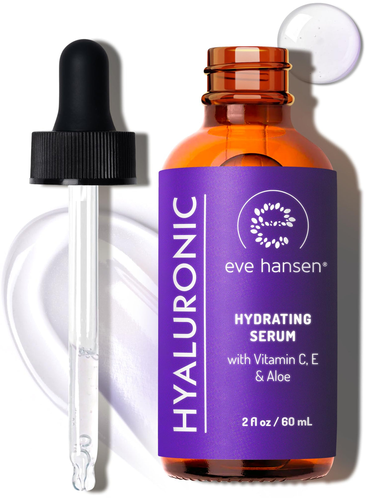 Eve Hansen Hyaluronic Acid Serum bottle shows hydrating formula for radiant skin.