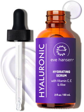 Eve Hansen Hyaluronic Acid Serum bottle shows hydrating formula for radiant skin.
