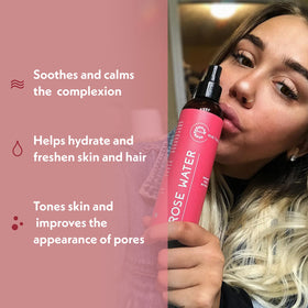 Eve Hansen Rose Water Spray mist applied on the face for refreshment