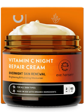 Eve Hansen Vitamin C Night Cream bottle displays hydrated glow for skin care