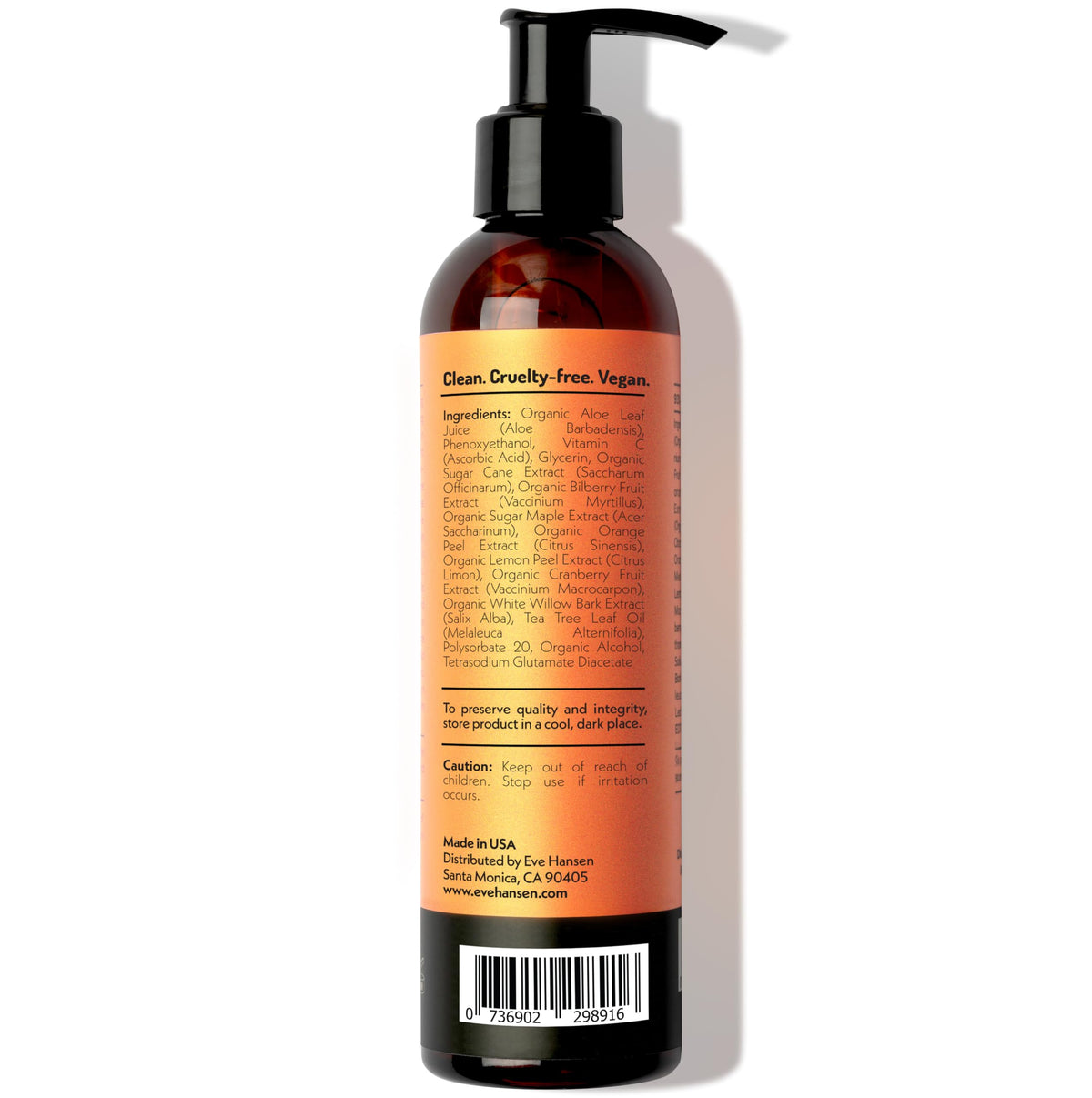 Eve Hansen Vitamin C Toner ingredients panel featuring aloe and tea tree.