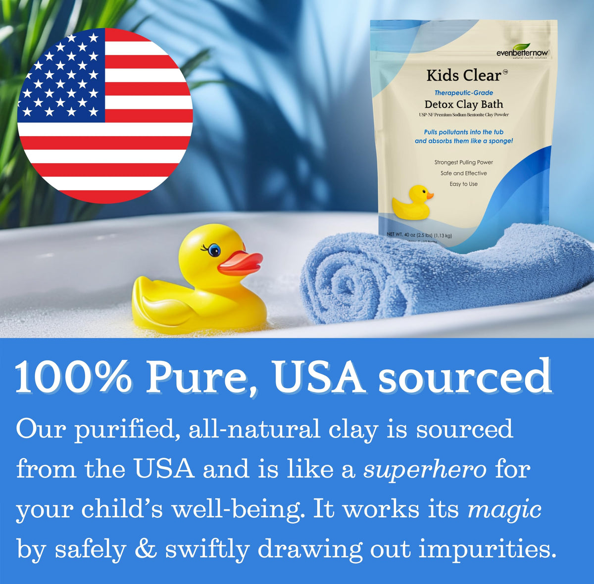 Evenbetternow Kids Clear Detox Clay Bath dissolving in warm water for easy bath.