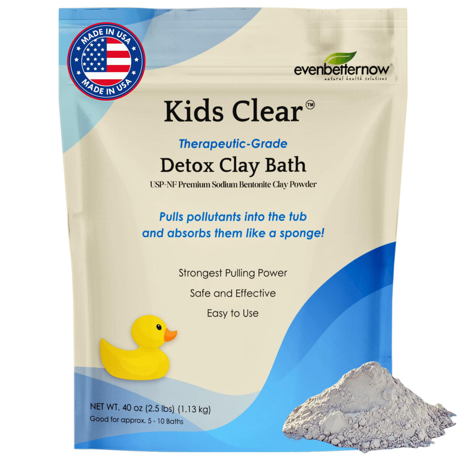 Evenbetternow Kids Clear Detox Clay Bath label on a 2.5 lb jar for gentle cleansing.