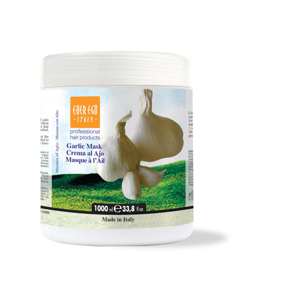 Ever Ego Italy Garlic Mask 1L tub focuses on damaged hair, offering hydration and repair