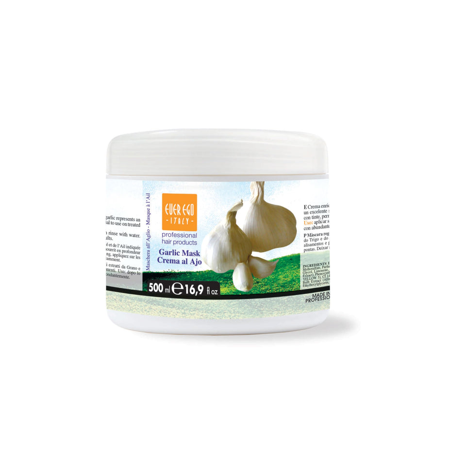 Ever Ego Italy Garlic Mask for damaged hair, hydrating and repairing in a 500ml tub.