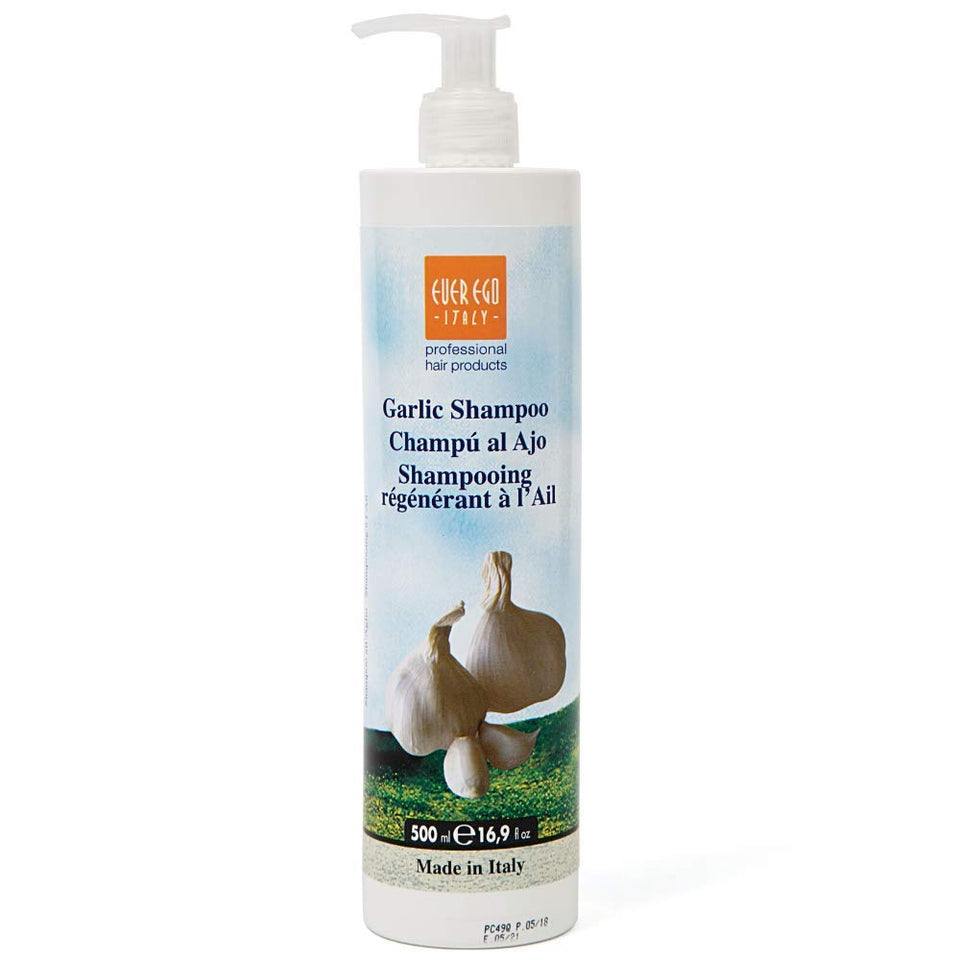 Ever Ego Italy garlic shampoo bottle front view for damaged hair nourishment.
