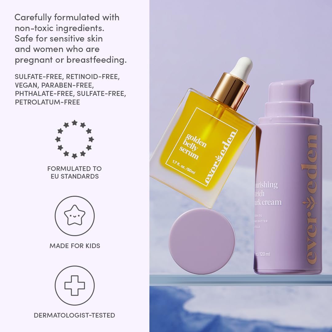 Evereden pregnancy care routine image shows massage during application for soothing skin.