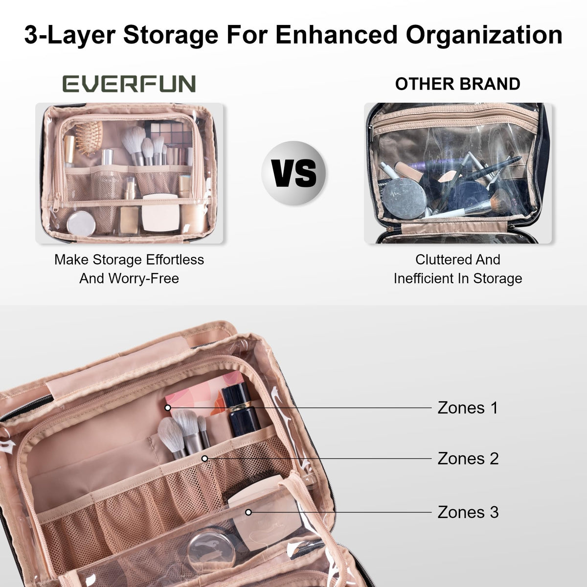 Everfun hanging toiletry bag dry-wet separation keeps brushes and towels organized