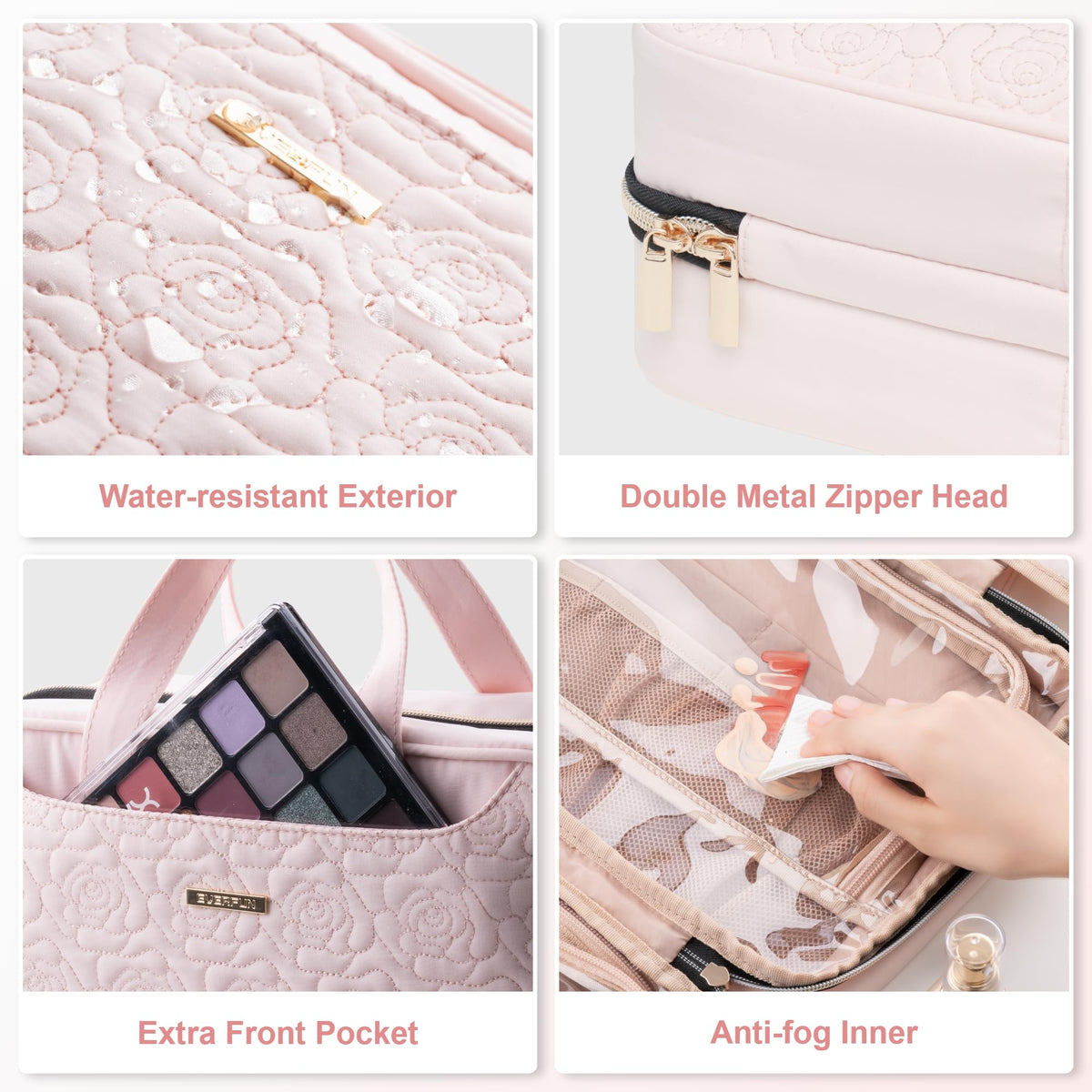 Everfun hanging toiletry bag in use during travel keeps items organized.