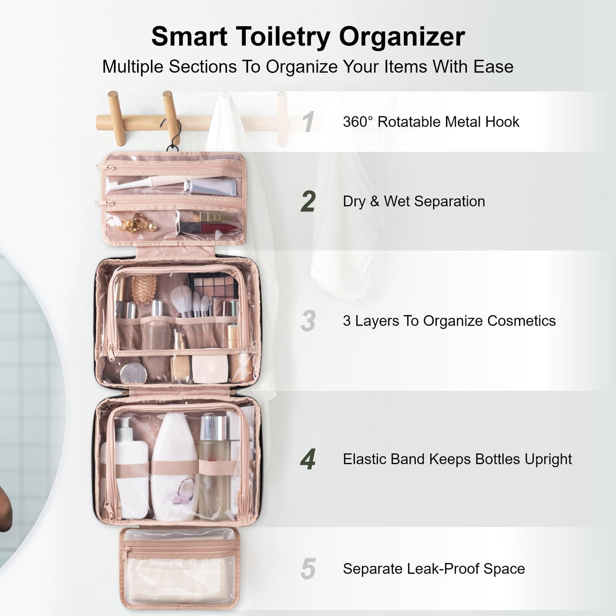Everfun top view of the bag showing multiple compartments for cosmetics