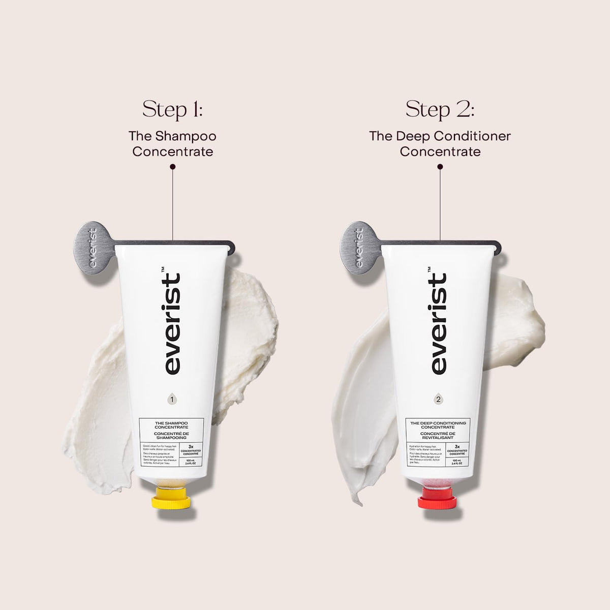 Travel-size Everist deep conditioner beside a suitcase representing on-the-go hair care.