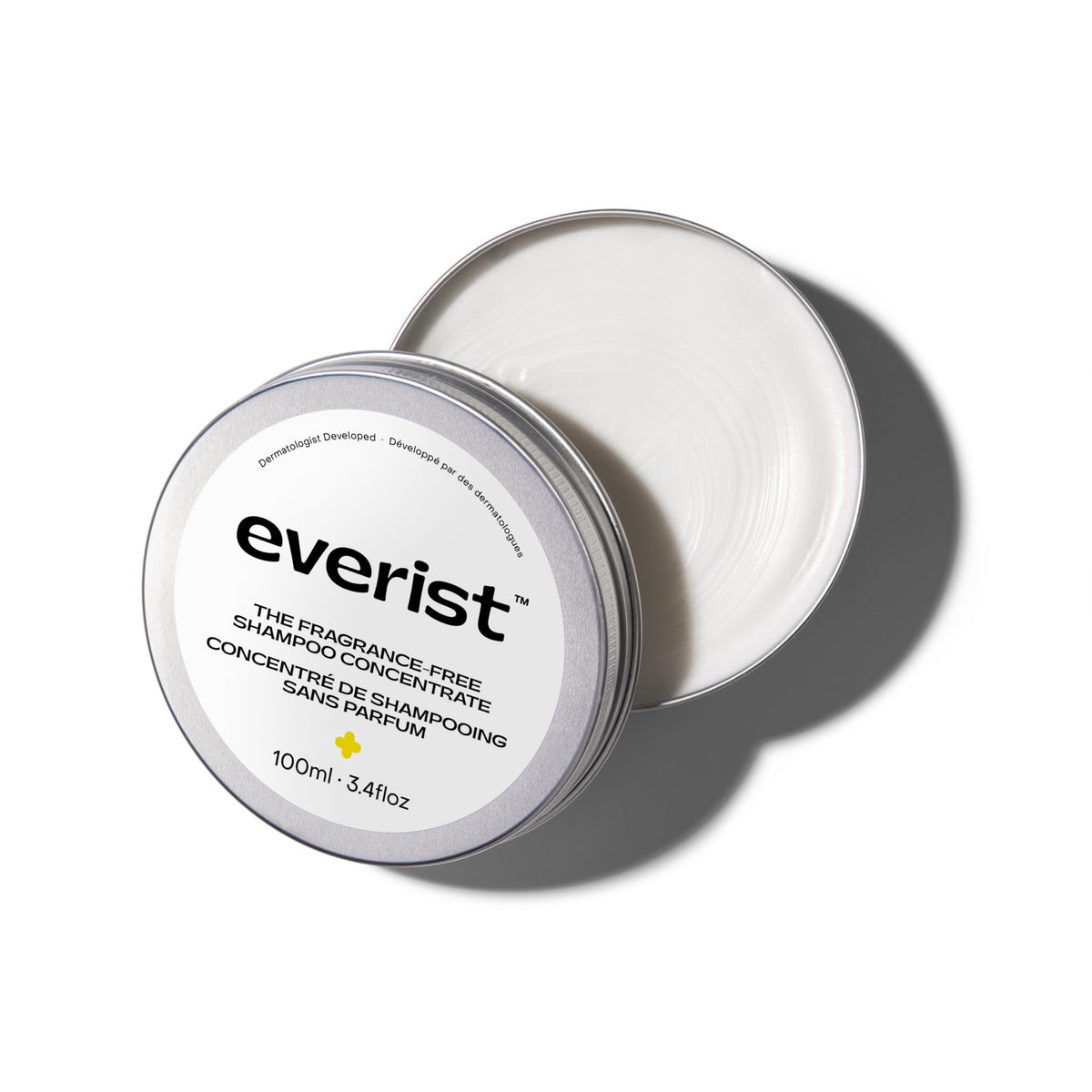 Everist fragrance-free shampoo concentrate bottle demonstrates gentle cleansing for sensitive scalps.