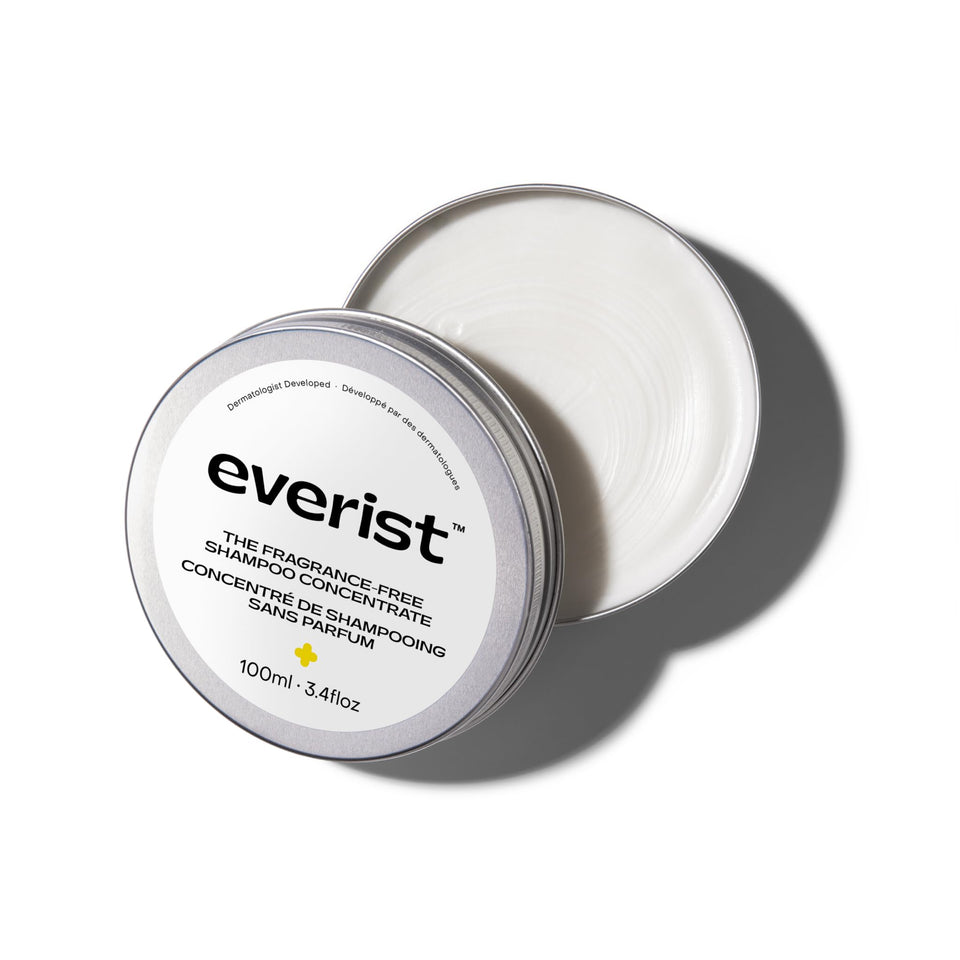 Everist fragrance-free shampoo concentrate bottle demonstrates gentle cleansing for sensitive scalps.
