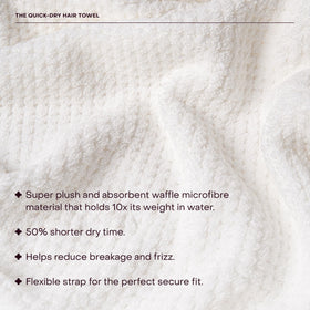 Everist secure-fit towel with flexible strap keeps hair wrapped during routine.