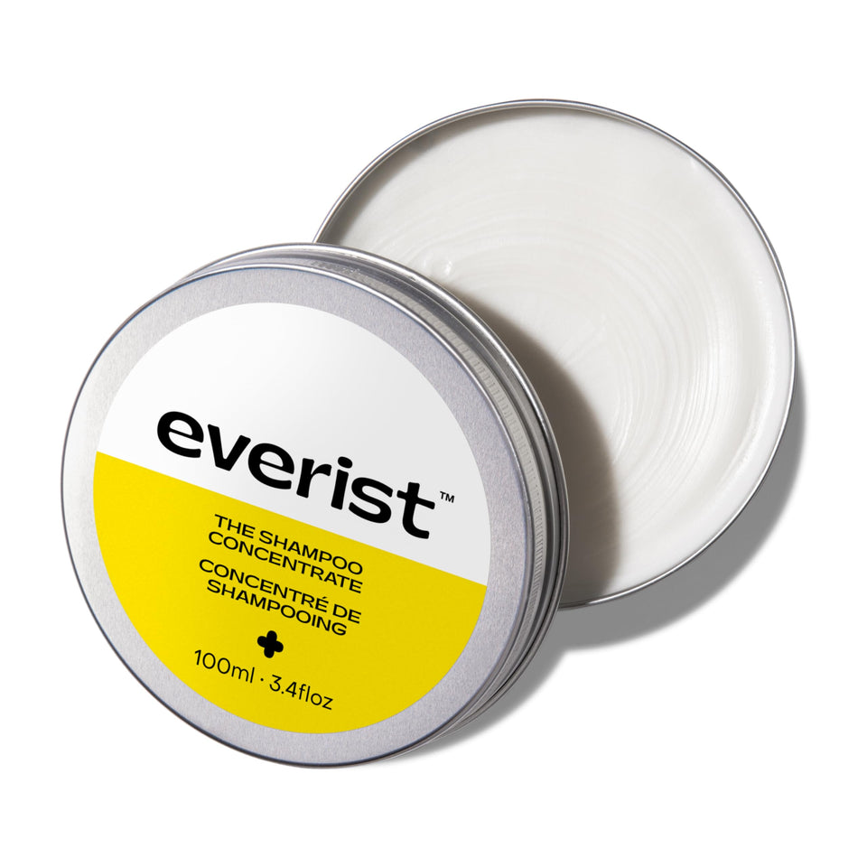 Everist Shampoo Concentrate tin front—compact, plant-based hydration for everyday washing.