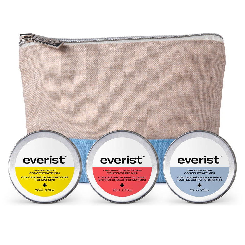 Everist Shower Essentials Travel Kit packaging shown for easy travel and on-the-go cleansing.