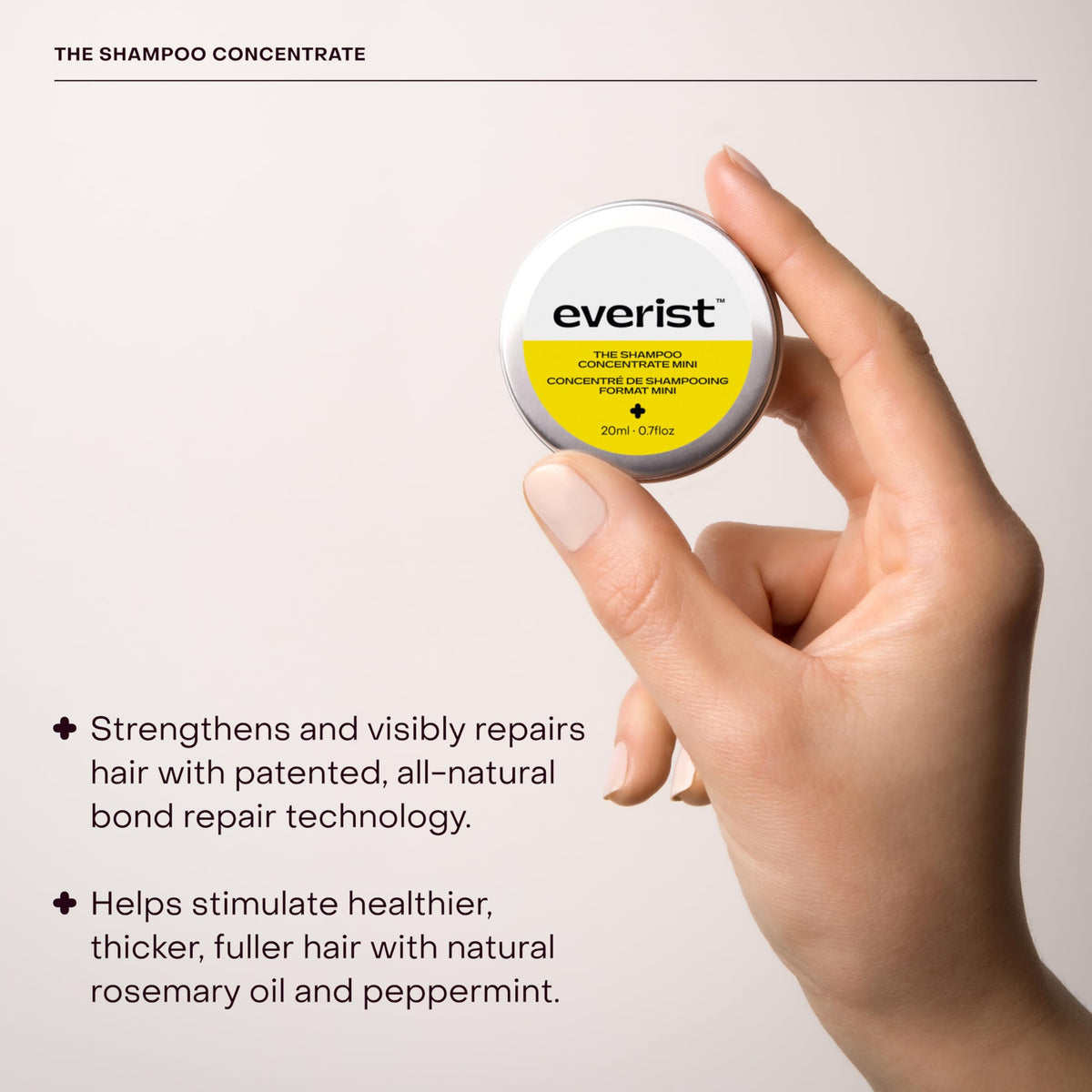 Everist shampoo concentrate bottle close-up highlighting bond repair potential.