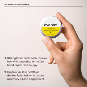 Everist shampoo concentrate bottle close-up highlighting bond repair potential.