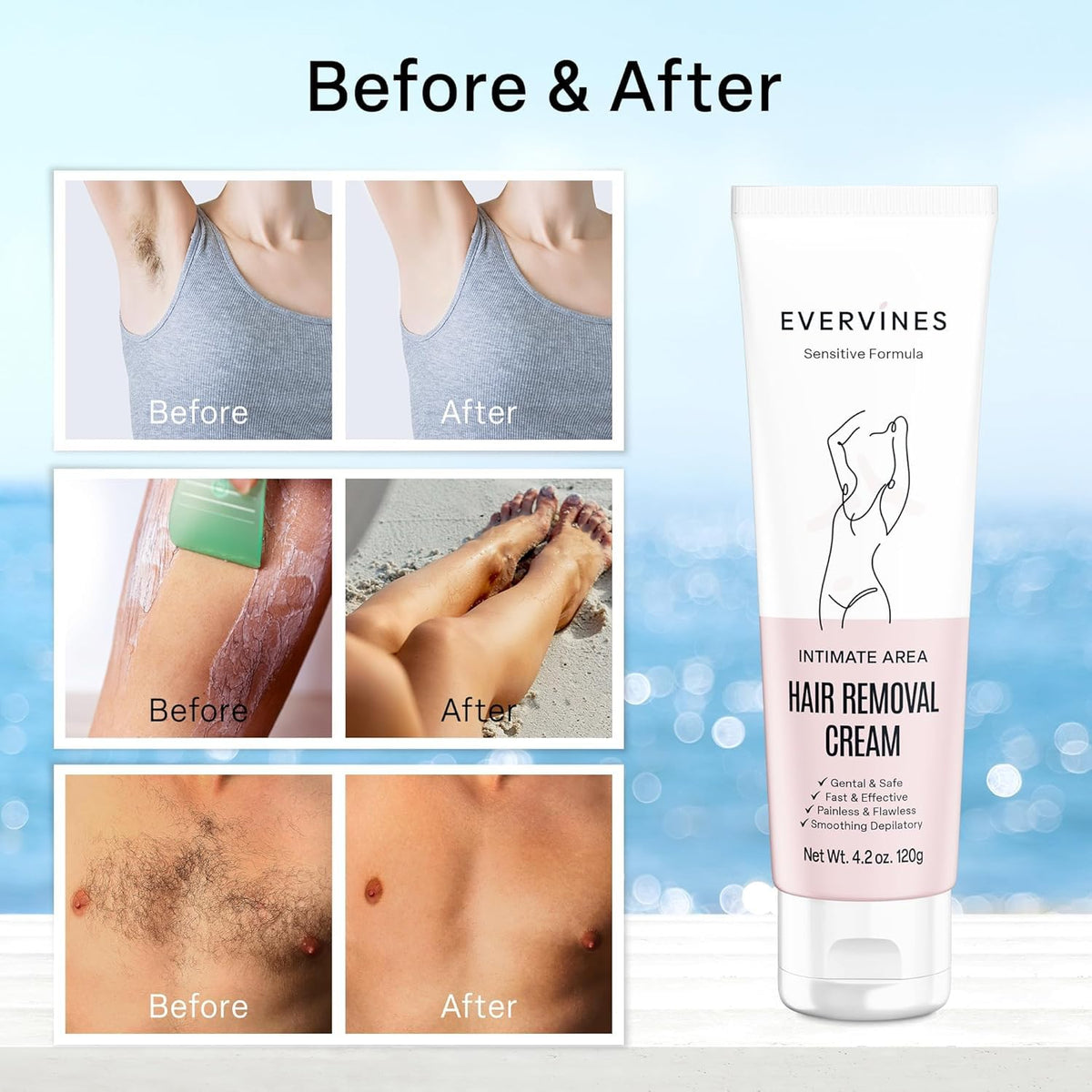 Evervines Hair Removal Cream packaging – compact 4.2oz size for travel and home use