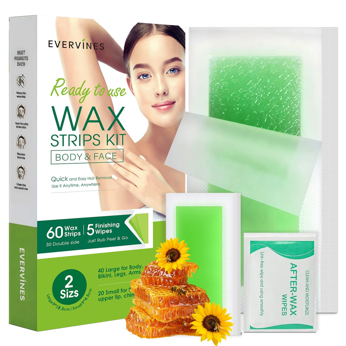 Evervines packaging photo shows the complete at-home waxing kit for easy hair removal
