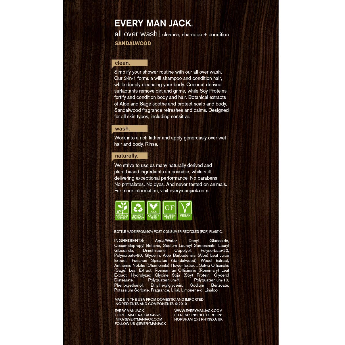 Every Man Jack sandalwood bottle close-up highlights natural, plant-based cleansing.