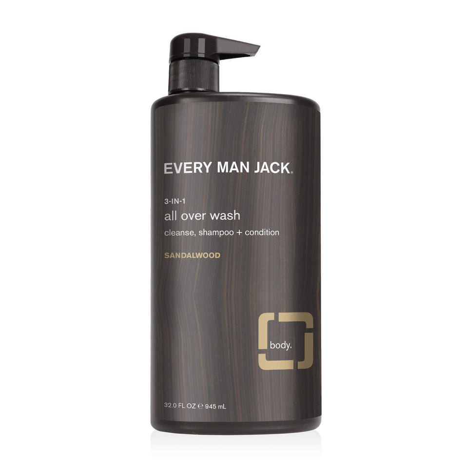 Every Man Jack 3-in-1 All Over Wash sandalwood bottle pour for quick, all-in-one clean.