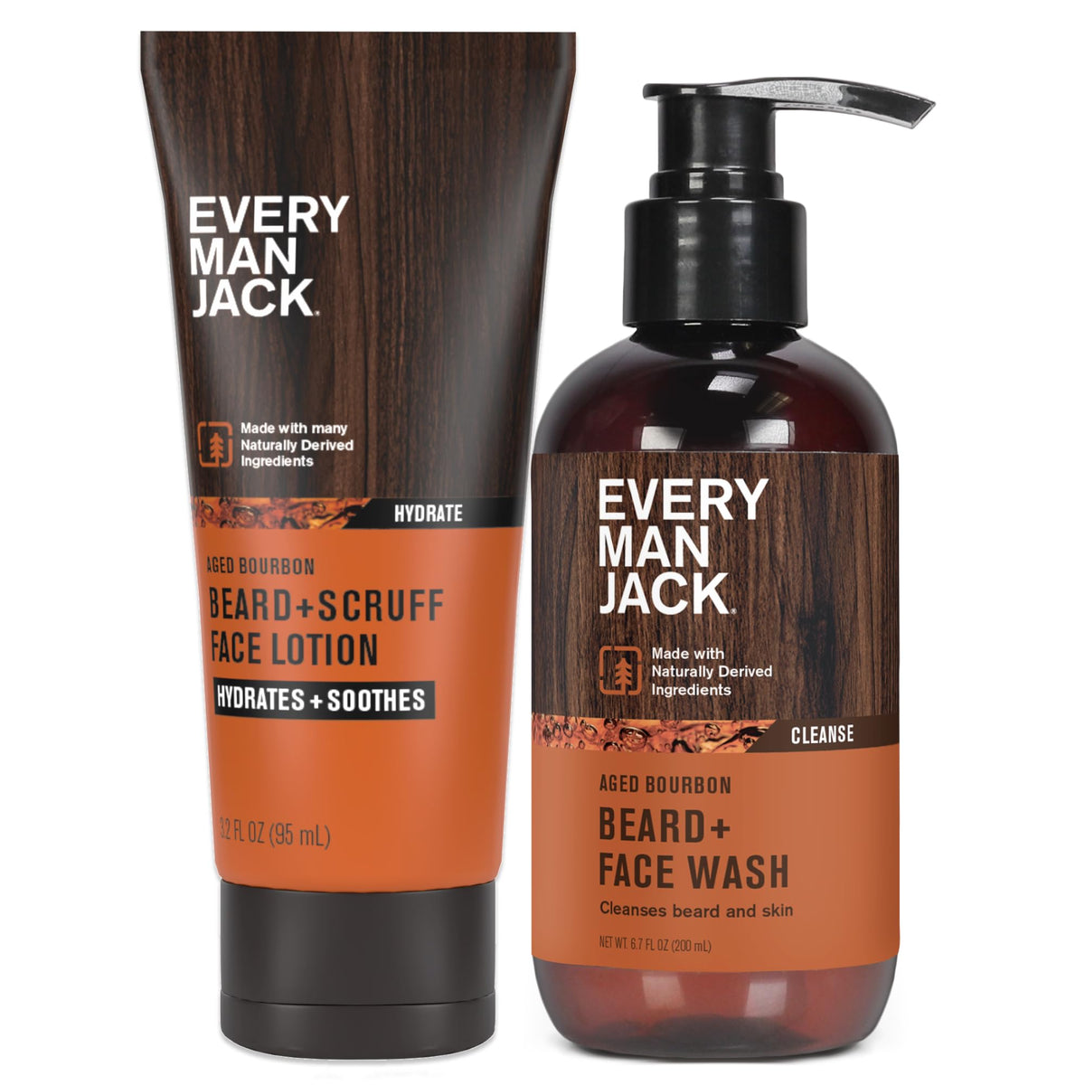 Every Man Jack beard-and-face wash bottle with aged bourbon scent for daily cleansing.