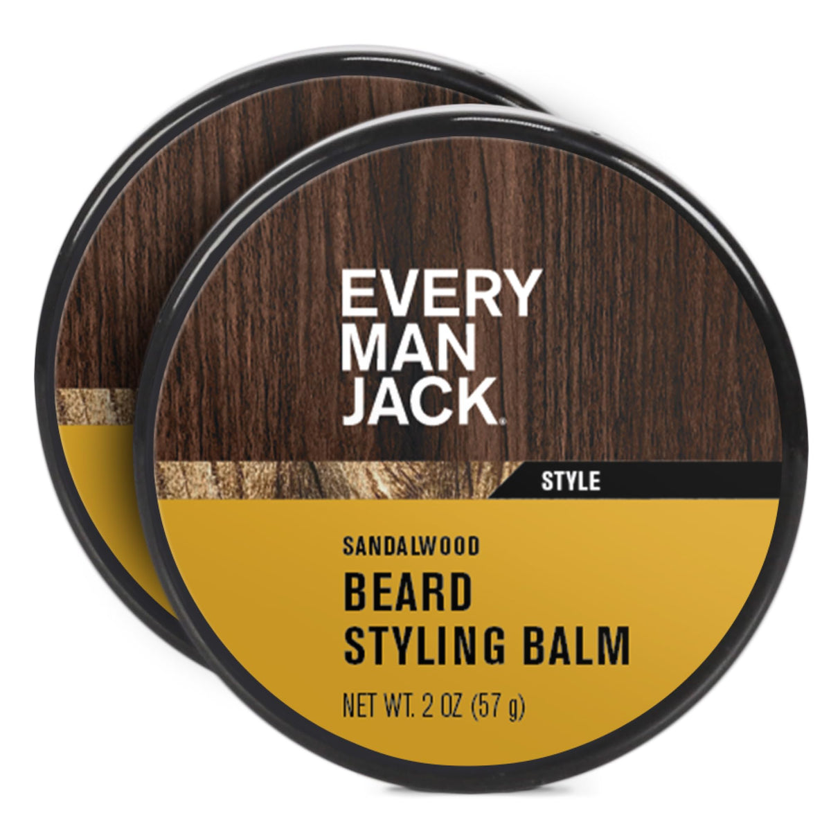 Every Man Jack Beard Styling Balm light sandalwood jar for easy shaping and conditioning.