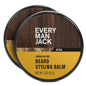 Every Man Jack Beard Styling Balm light sandalwood jar for easy shaping and conditioning.