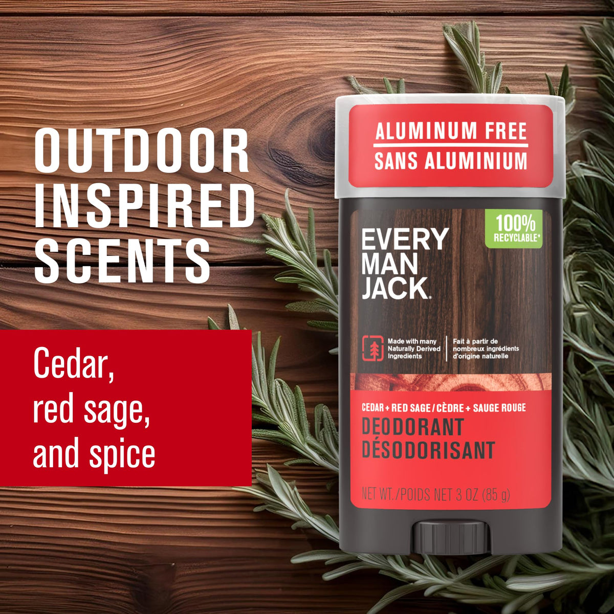 Every Man Jack Cedar Red Sage deodorant pack 3oz emphasizes a 3-pack for value