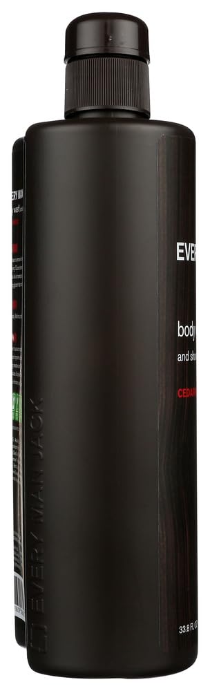 Two Every Man Jack Cedarwood Body Wash bottles on bathroom counter for easy access.