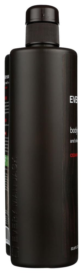 Two Every Man Jack Cedarwood Body Wash bottles on bathroom counter for easy access.