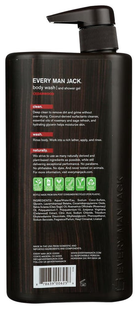 Every Man Jack Cedarwood Body Wash provides rich lather and refreshing rinse in shower.