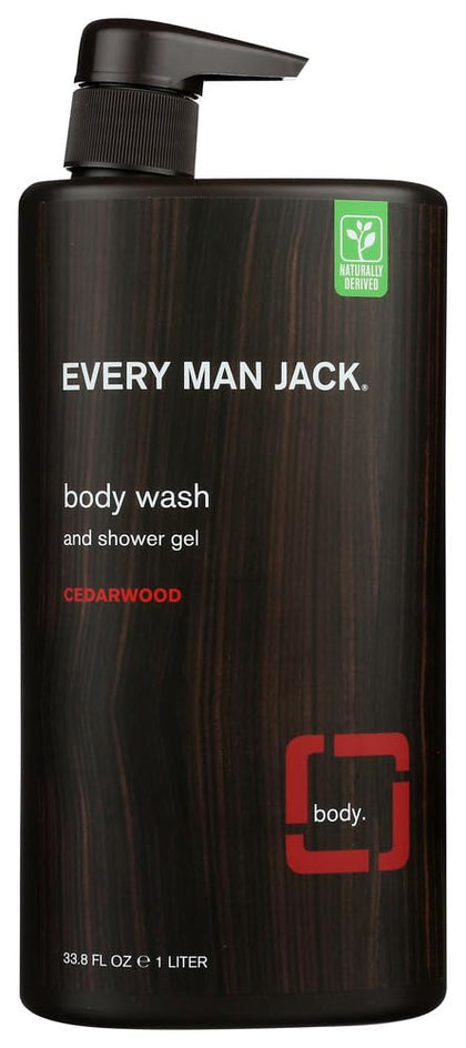 Every Man Jack Cedarwood Body Wash twin-pack bottles on shower shelf for daily use.