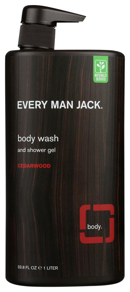 Every Man Jack Cedarwood Body Wash twin-pack bottles on shower shelf for daily use.