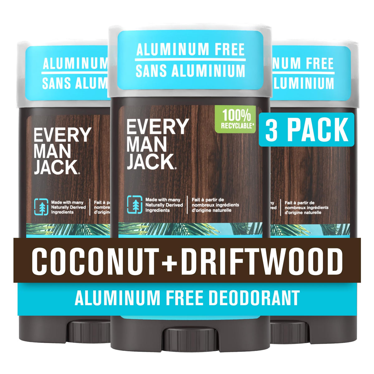 Every Man Jack Coconut and Driftwood deodorant bottle with tropical scent and long-lasting freshness