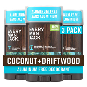 Every Man Jack Coconut and Driftwood deodorant bottle with tropical scent and long-lasting freshness