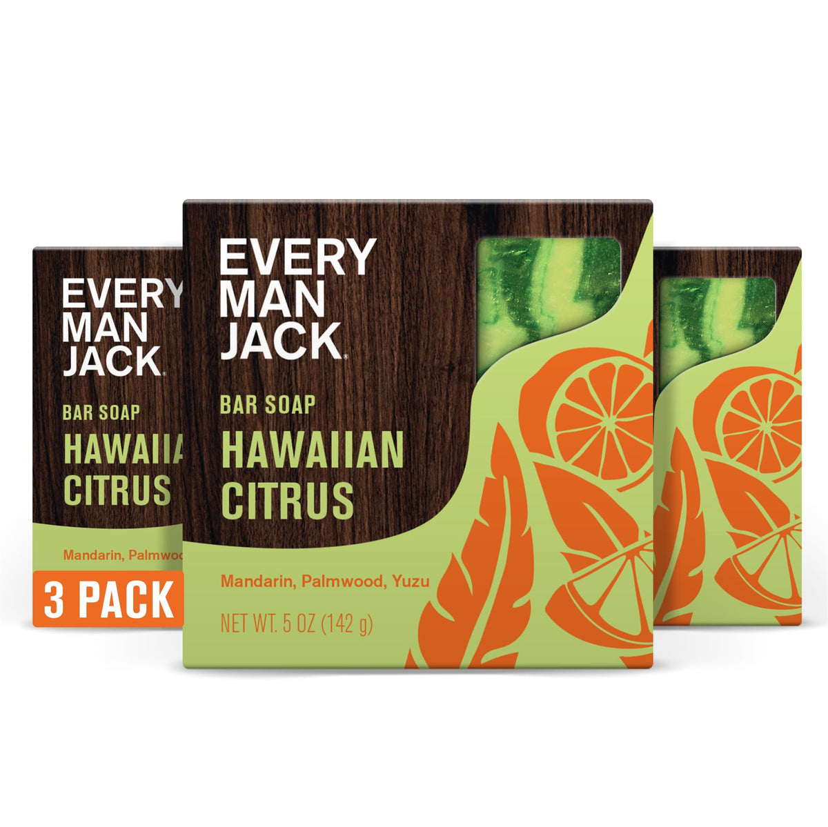 Every Man Jack cold process bar soap Hawaiian citrus with deep-cleaning action and hydration.