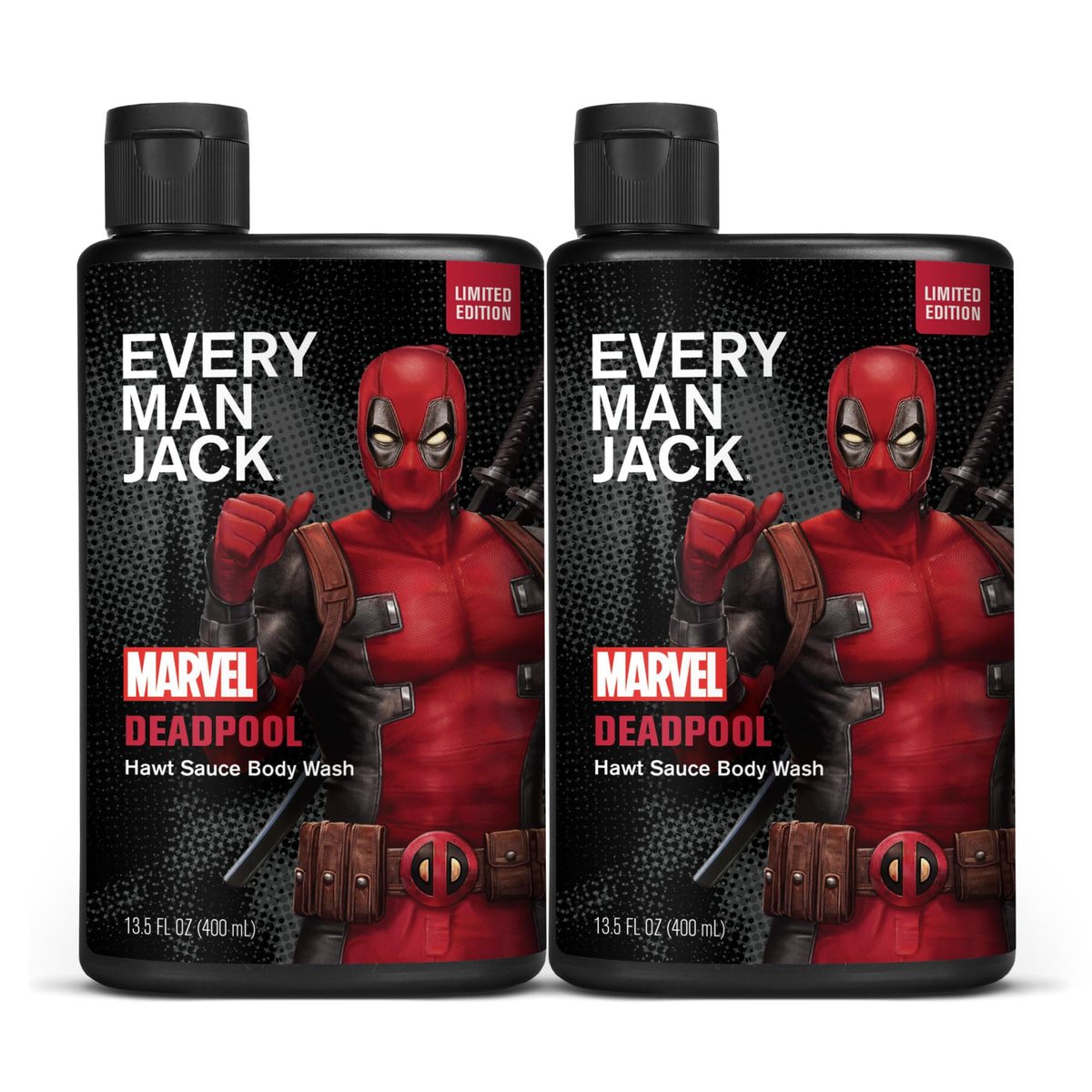 Every Man Jack Deadpool body wash bottle front with bold scent promise