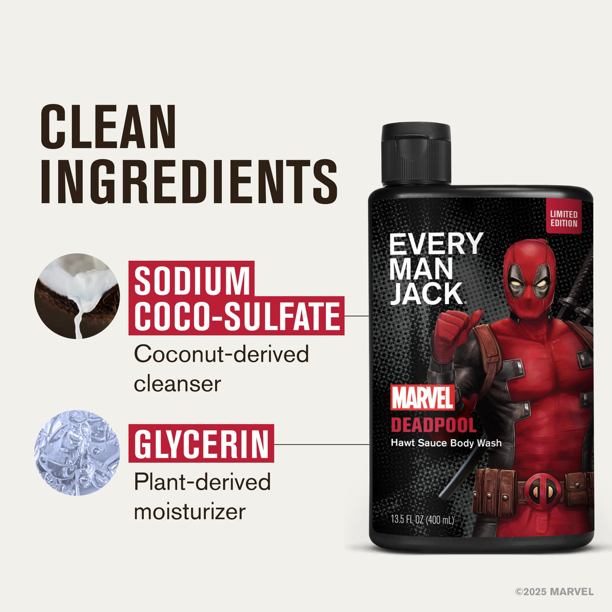 Every Man Jack Deadpool body wash gift set box close-up showing premium packaging