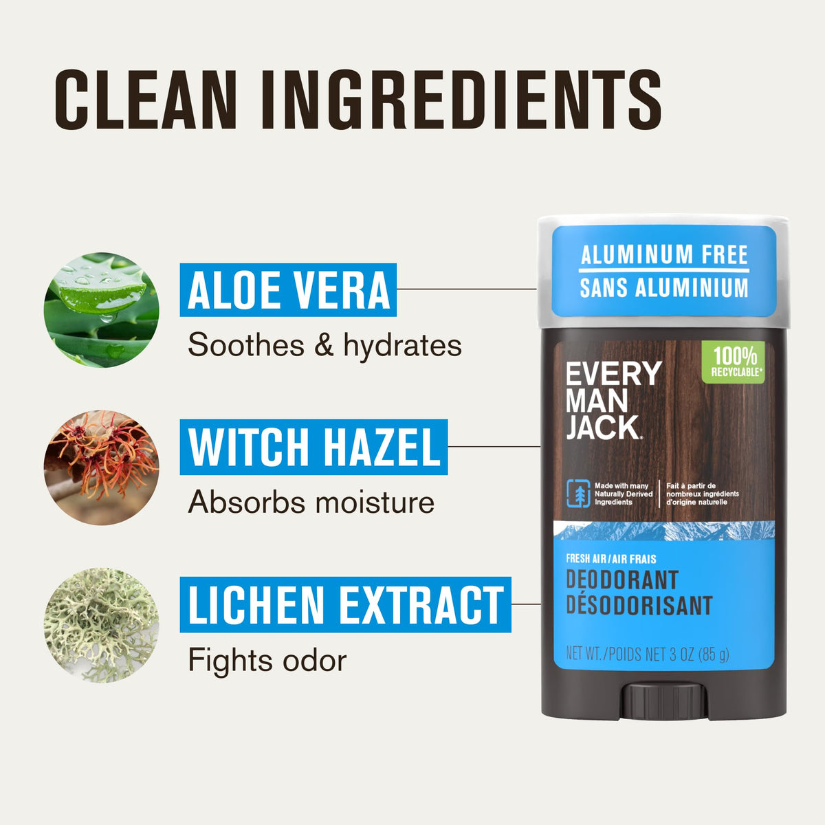 Every Man Jack Fresh Air ingredients: cotton extract for moisture absorption.