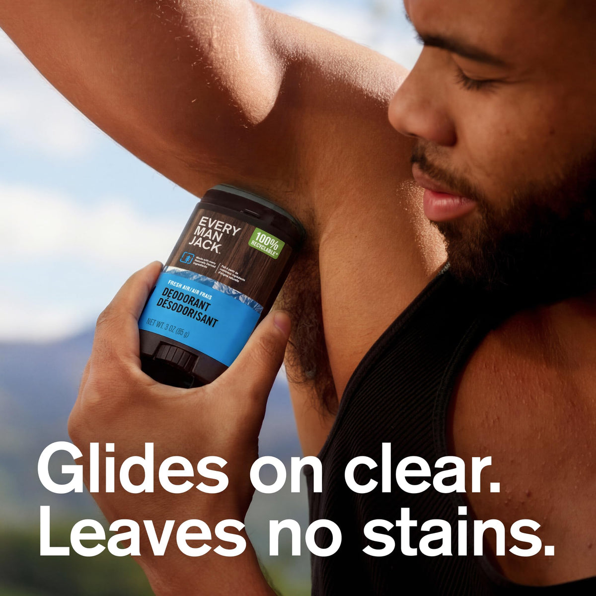 Every Man Jack Fresh Air scent notes of pear, lemon, amber evoke mountain air.