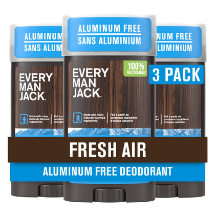 Every Man Jack Fresh Air deodorant packaging highlights sustainable materials and branding.