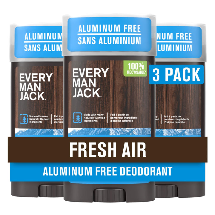 Every Man Jack Fresh Air deodorant packaging highlights sustainable materials and branding.