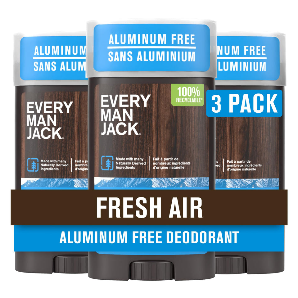 Every Man Jack Fresh Air deodorant packaging highlights sustainable materials and branding.