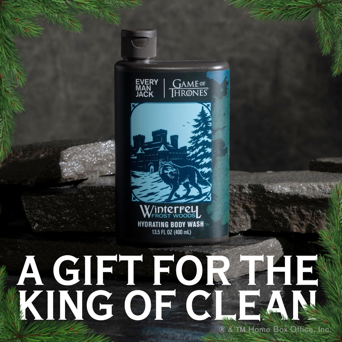 Close-up of Winterfell artwork on Every Man Jack bottle ideal for gifting to Thrones lovers