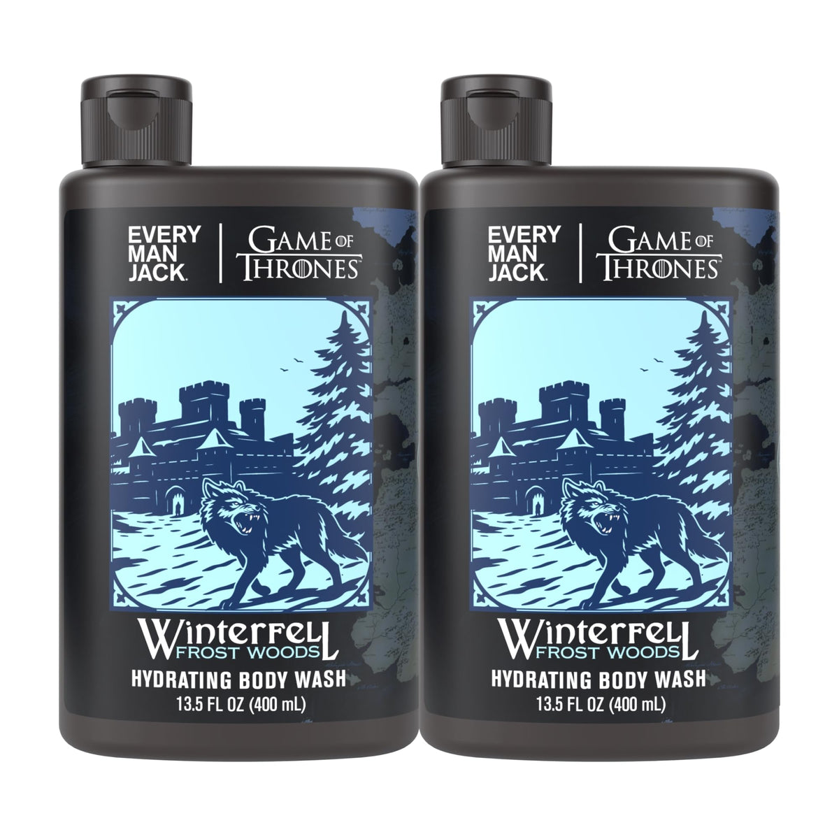 Every Man Jack Game of Thrones Winterfell Woods bottle front with collector design for fans