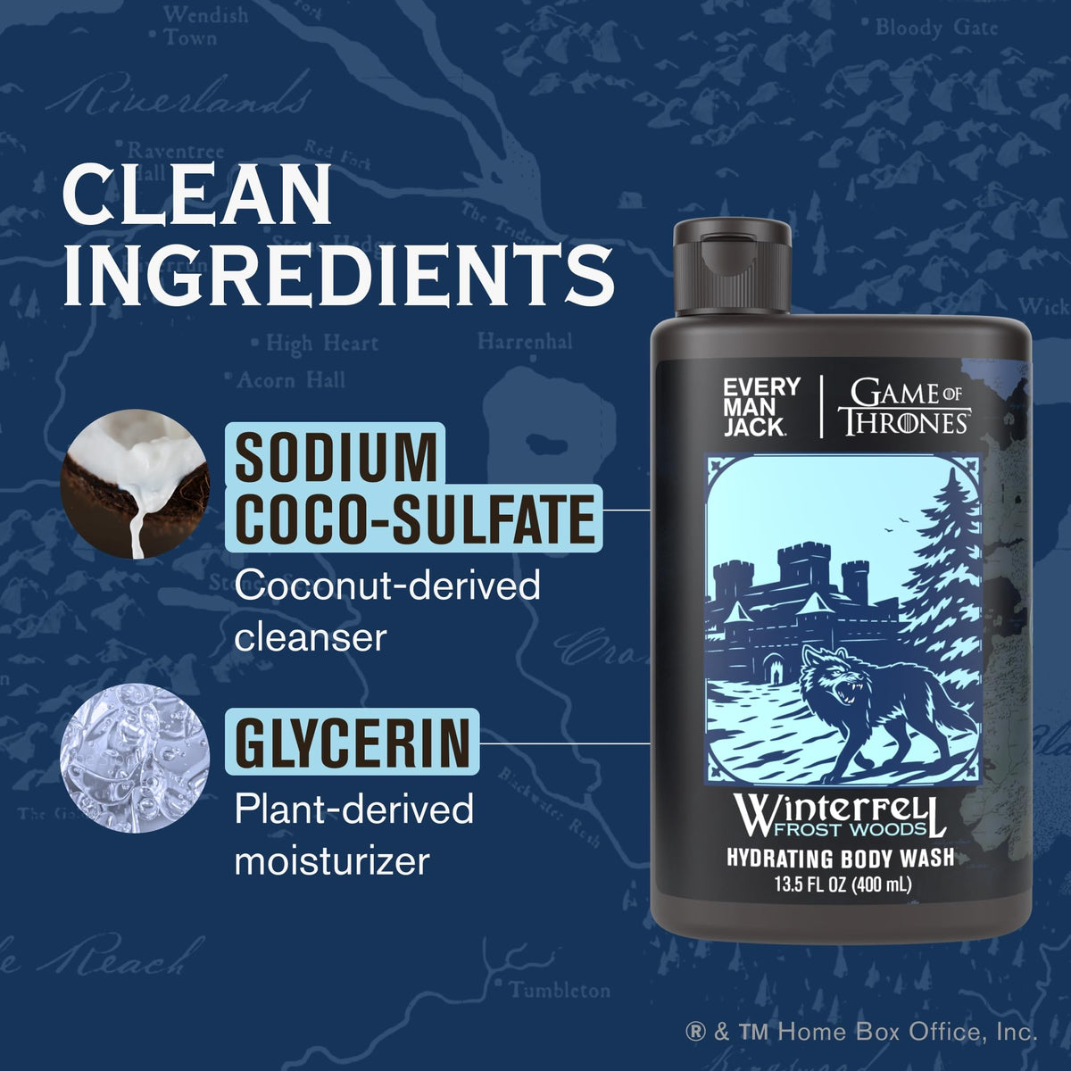 Natural ingredients label featuring coconut-derived surfactants on Every Man Jack bottle
